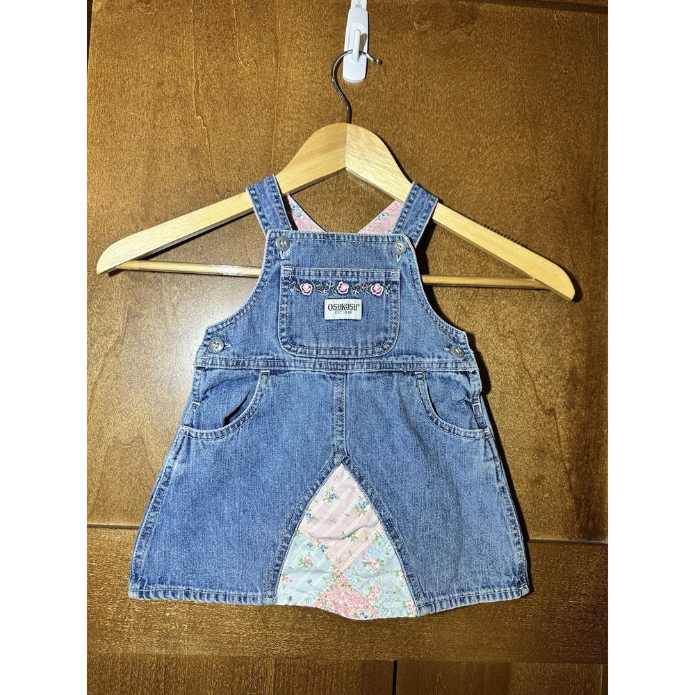 Vintage OshKosh Denim Overall Dress 12M Floral Patchwork Girls Y2K  Jumper